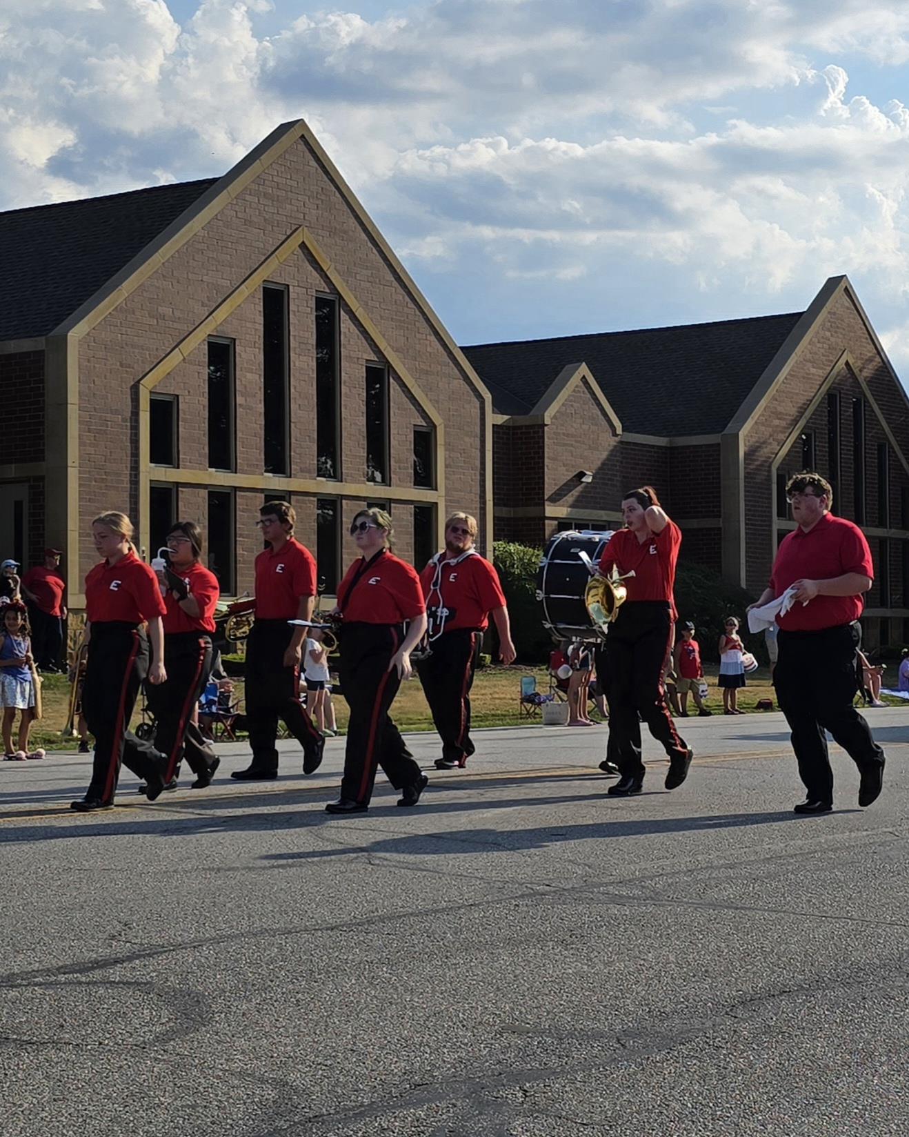 The Edison High School Band marching past the Lake Station Public Library during the 2025 Independence Day Parade. 03 July 2025