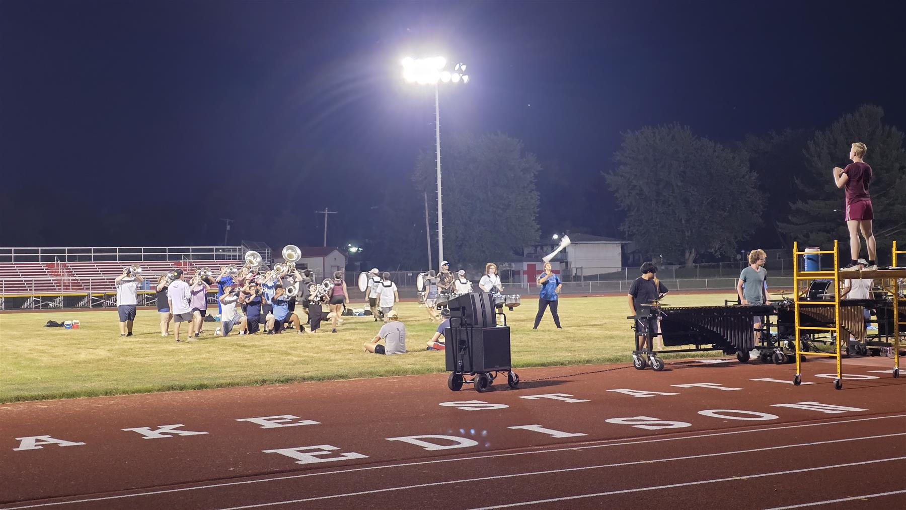 Eclipse Drum & Bugle Corps from Indianapolis during their evening rehearsal in the stadium at Edison Jr-Sr High School. 07 July 2025