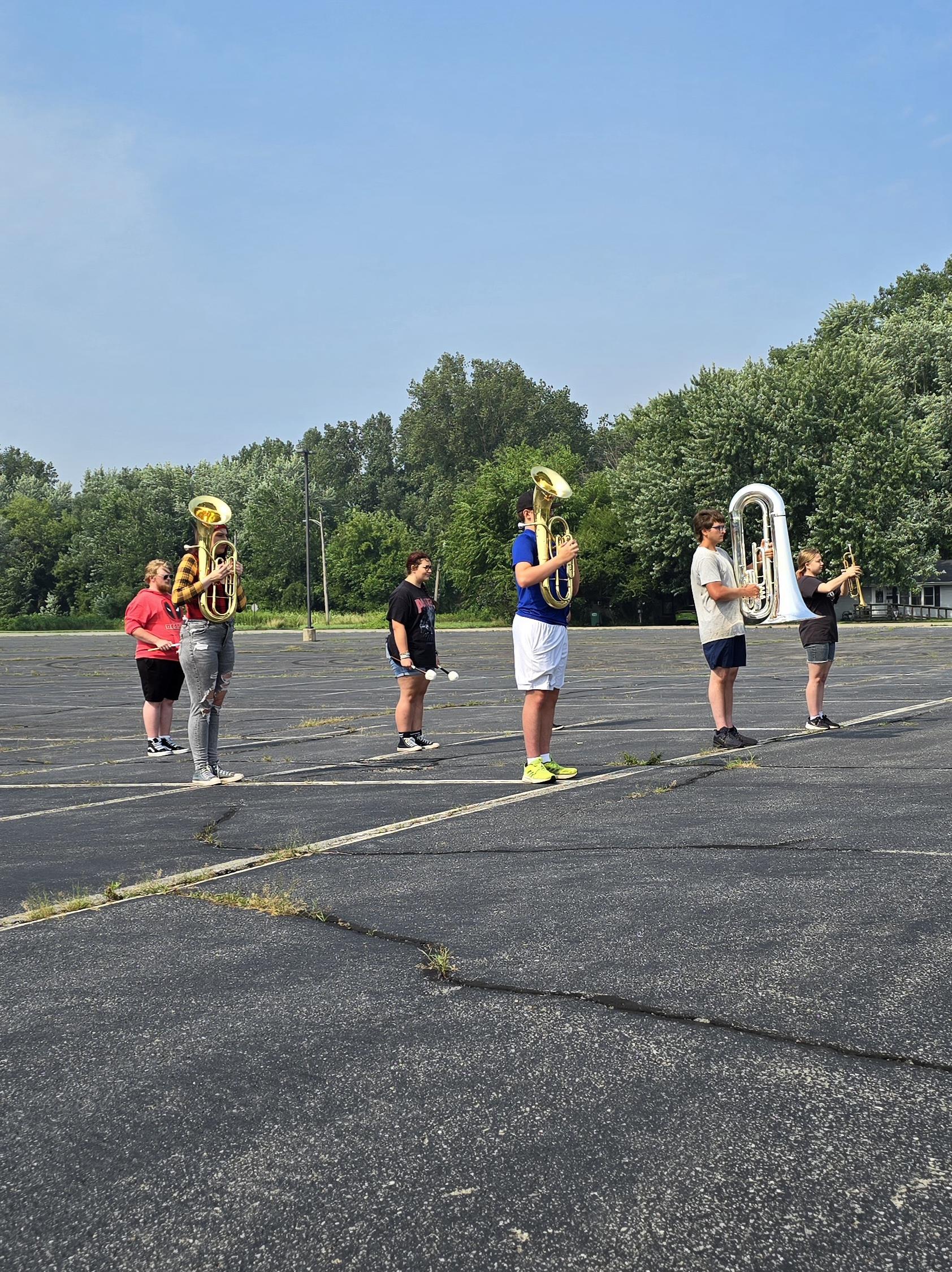 High School Band practicing posture and marching during fall training (band camp).
